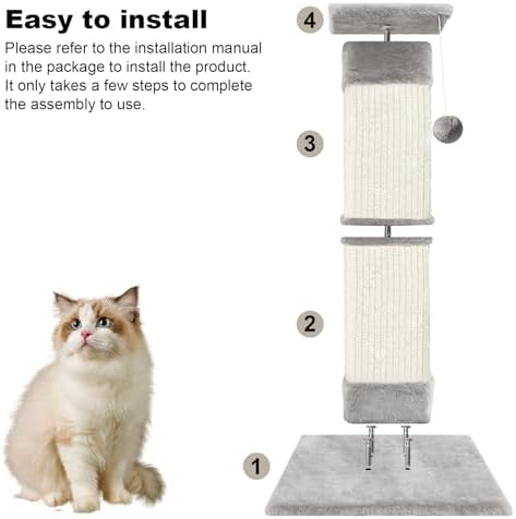 Cat Scratching Post 33 inch for Indoor Cats, Sisal Cat Scratcher, Vertical Posts with Dangling Ball, High Cat Scratch Post, Cat Tree for Full-Body Stretching, Protect Your Furniture, Light Grey - Image 5