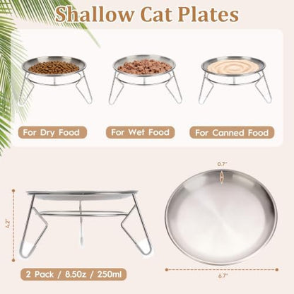 Cat Food Bowls,6.7" Extra Wide Raised Stainless Steel Cats Food Whisker Fatigue Shallow Dishes with Anti-Slip Metal Stand, for Indoor Fat Faced Cat Kitten and Small Dog Puppies-2pack - Image 3