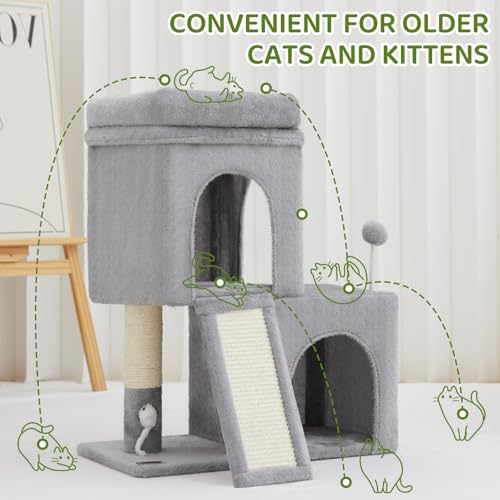 Woochpet 24inch Tall Cat Tree with 2 Cat Condo and Mouse Toy Cozy Small Cat Tower with Scratching Post and Board for Kitties and Small Cats.（Light Grey） (22 * 13 * 28) - Image 6