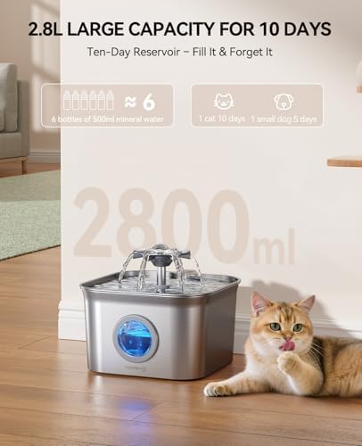 Stainless Steel Cat Water Fountain, 2.8L with 20dB Ultra-Quiet Pump- Ideal for Timid Pets, LED Water Level Window, Dishwasher Safe, 24/7 Circulation- Includes 9 Replacement Filters - Image 7