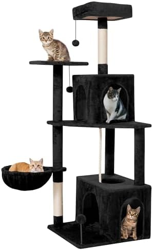54inch Large Cat Tree Tower Condo with Hammock for Indoor Cats, Soft Plush Multi-Level Climbing Tree Cat House with Cat Cave, Scratching Post, Sisal Rope, Black by TSCOMON
