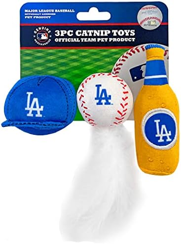 BEST PLUSH CAT TOY MLB LOS ANGELES DODGERS Complete Set of 3 piece Cat Toys filled with Fresh Catnip. Inc: 1 Baseball Cap Cat Toy, 1 Baseball Cat Toy with Feathers & 1 Beer Bottle. Beautiful Team LOGO by PETSFIRST
