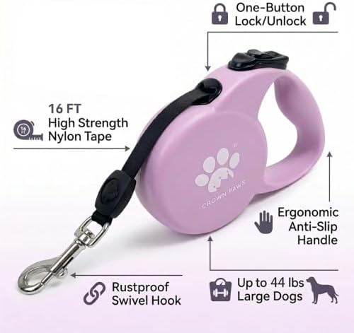 Chew Proof Retractable Dog Leash for Medium Dogs up to 44lbs, 16ft Heavy Duty Dog Lead with Anti-Chewing Steel Wire Rope, Tangle-Free, One-Hand Brake & Lock, Pink M - Image 4