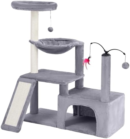 YUNIQUE Multi-Functional Cat Tree Tower, Big Cat Condo with Scratching Board, Rotating Toy & Deep Hammock, Luxury Perch Kitty Furniture for Indoor Cats (Grey) by YUNIQUE