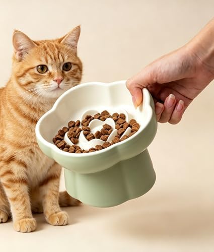 Elevated Flower Ceramic Slow Feeder Cat Bowl, Raised Anti-Gulping Pet Food Bowl, Slower Eating Cat Dish Prevents Vomiting, Healthy Feeding Bowl for Indoor Cats Kittens Small Dogs - Image 6