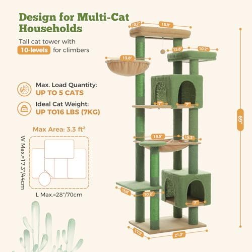 69" Cactus Cat Tree for Indoor Cats Large Adult, Multi-Level Cat Tower - Image 3