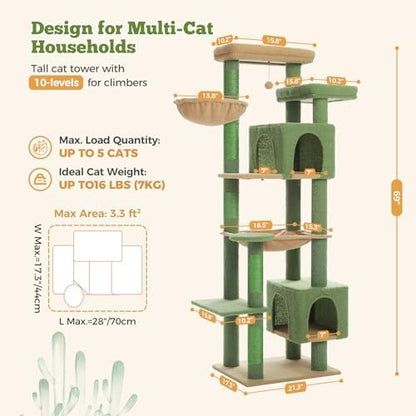 69" Cactus Cat Tree for Indoor Cats Large Adult, Multi-Level Cat Tower - Image 3