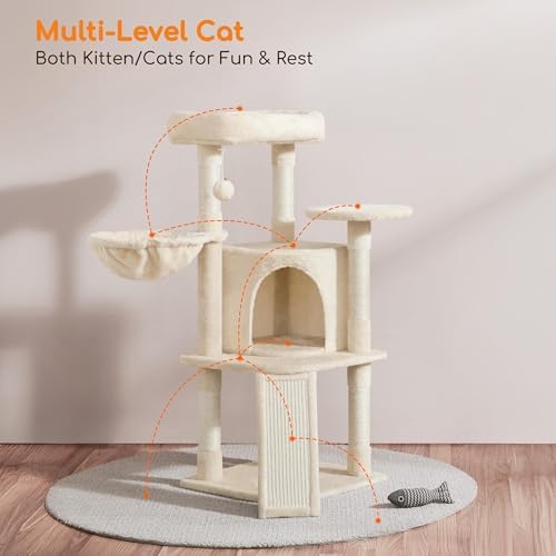 Yaheetech Cat Tree, 42in Play Tower for Indoor Cats, Kitten House with Large Perch & Scratching Posts & Cozy Condo & Scratching Ramp, Cat Furniture Activity Center, Beige - Image 6