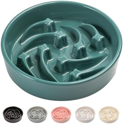 8.26 in Deep Green Ceramic Slow Feeder Dog Bowl for Medium and Large Breed,Pet Feeding Dog Food Water Dish Heavy Weighted,Puppy Bowl for Fast Eaters,Puzzle Slow Eating Dish Modern Maze Meteor by PetGettingMuchHeathier