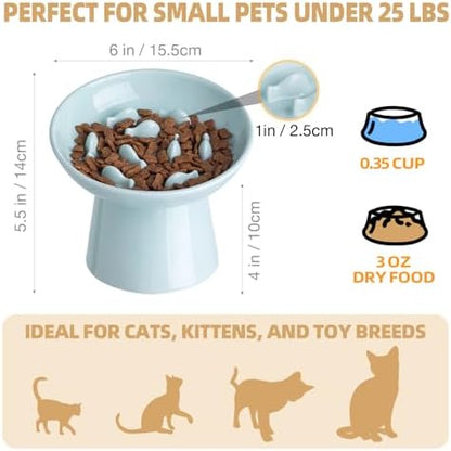 Ceramic Elevated Slow Feeder Cat Bowl - 6" Raised Cat Food Bowl for Bloat Relief & Anti-Vomiting, Whisker Friendly Ceramic Cat Slow Feeder for Indoor Cats, Kittens, Puppies - Azure(1pc) - Image 2