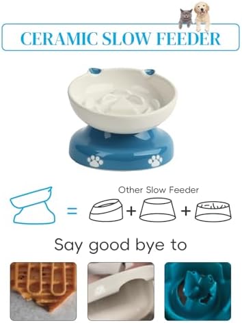 Y YHY Ceramic Slow Feeder Cat Bowl, Elevated Cat Bowl Tilted Design Slow Feeder for Dog and Cat for Dry and Wet Food, Blue - Image 4