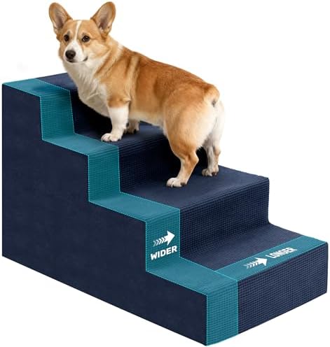 Dog Stairs for Bed, Extra Wide 4-Step Dog Steps for High Bed, High-Density Foam Pet Stairs with Non-Slip Removable Washable Cover for Small Pets, 18" H, Navy by Heeyoo