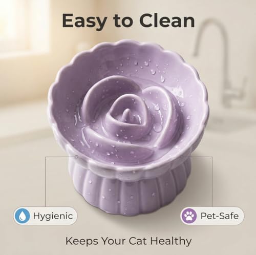Ceramic Cat Slow Feeder, Raised Slow Feeder Cat Bowl, Anti Vomiting and Whisker Friendly Kitty Dish, Elevated Puppy Kitten Food Bowl for Dry and Wet Food (Purple) - Image 5