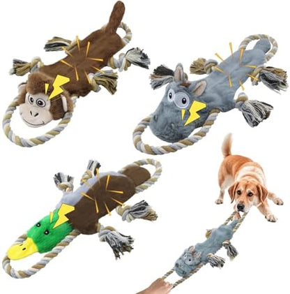 3 Pack No Stuffing Squeaky Dog Toys, Tug of War Dog Toy with Rope by Buy