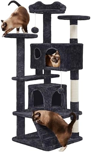 Yaheetech 54in Cat Tree Tower, 2 Caves, Kitten-Ear Perch & Scratching Posts by Unknown