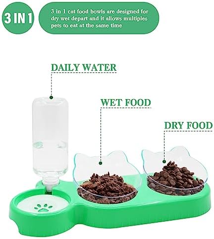Triple Cat Bowls - 15 Tilt 3-in-1 Water Feeder Bowls with Automatic Water Bottle, Whisker Friendly Elevated Feeding Dishes for Small Cats and Puppies (Mint Green) - Image 2