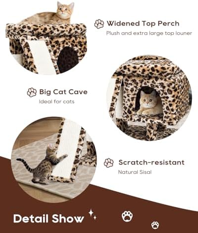 SYANDLVY Small Leopard Print Cat Tree with Perch for Indoor Cats, Cat Tower with Scratching Post, Modern Activity House for Large Cats, Condo with Board, Kittens Cave - Image 4