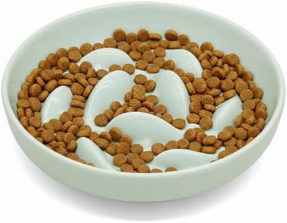Anti-Bloat Ceramic Slow Feeder Bowl - Fish Pool Design Interactive Puzzle Feeder for Cats & Small Dogs, Food-Safe Porcelain Healthy Eating Dish (Green) by Cilkus