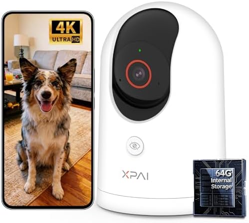 4K UHD Indoor Camera, 64G Built-in Storage No Subscription,Pet Camera Indoor with Phone App,Work as Baby Monitor/Cat/Dog Camera,360°Pan&Tilt,Two-Way Talk,Privacy Mode,AI Tracking/Detection by XpaiSecurity