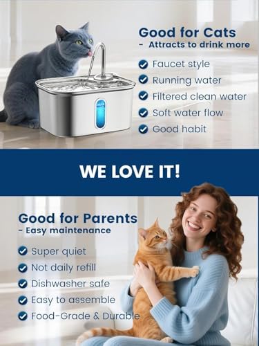 Cat Water Fountain Stainless Steel for Cats Indoor 2.5L 85oz by BPA-Free SUS304, Effective 6-Layer Filter Cat Fountain for Drinking 20dB Ultra Quiet Metal Pet Water Fountain (Fountain+4 Filters) - Image 6