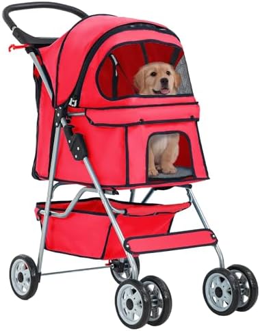 FDW | 4-Wheel Foldable Pet Stroller | Red | Lightweight & Portable by FDW