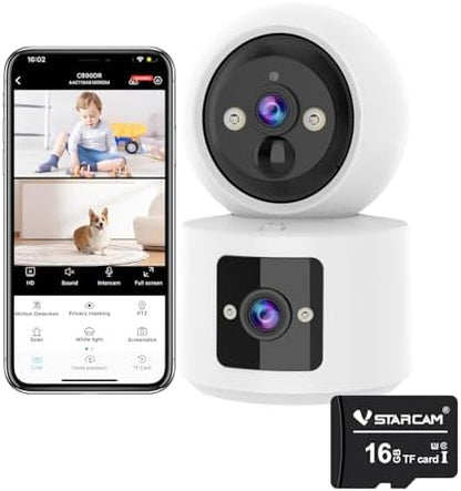 VSTARCAM 2 Lens 2K Indoor Camera with Micro SD Card 16 GB, One-Tap Call, PIR Motion Detection, Color Night Vision, Two-Way Audio by VSTARCAM