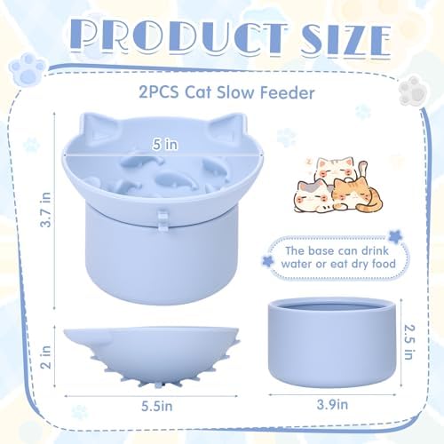 Funnymoom 2 Pack Silicone Cat Slow Feeder, Elevated Slow Feeder Cat Bowl for Dry and Wet Food, Tilted Design with Non Slip Base, Adjustable Angle for Pet(Gray and Blue) - Image 2