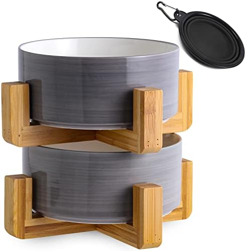 Petygooing Ceramic Cat Dog Bowl Set with Stand, Pet Food and Water Bowl,Medium Pet Dishes Anti Slip Set of 2 Cat Dog Bowls-Cute Modern Pet Food Bowls Small Medium Size (28 OZ /3.6 Cups) Grey White by PetygooingforYOURLOVEDPET