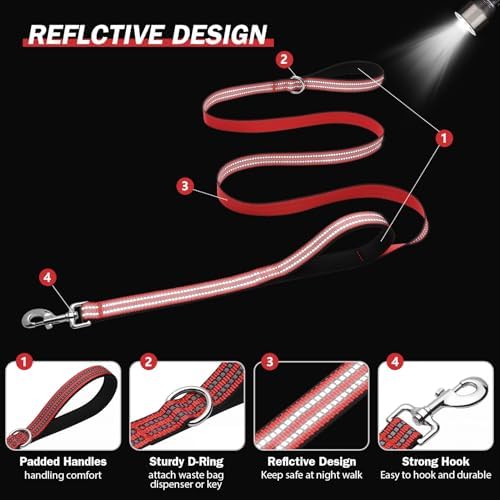 Hikiko 4FT Double Handle Traffic Dog Leash Reflective,Red - Image 5