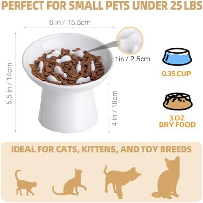 Ceramic Elevated Slow Feeder Cat Bowl - 6" Raised Cat Food Bowl for Bloat Relief & Anti-Vomiting, Whisker Friendly Ceramic Cat Slow Feeder for Indoor Cats, Kittens, Puppies - White(1pc) - Image 2