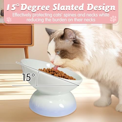 kathson 4 Pcs Ceramic Raised Cat Bowls, Elevated Tilted Cat Food Bowl, Anti Vomiting Pet Food Bowl, Colorful Porcelain Pet Feeder Dish for Cats and Small Dogs, Stress Free(Blue,Green,Purple,Pink) - Image 3