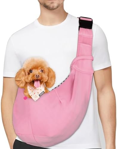 PETLOFT Reversible Dog Cat Sling Carrier, Small Dog Carrier, Adjustable Dog Sling, Hands Free Cross Body Carrier with Collar Hook for Dog/Cat/Bunny up to 11lb (Light Pink) by PetLoft