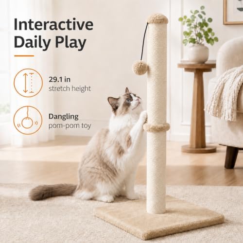 Dimaka 34" Height Tall Cat Scratching Post, Claw Scratcher with Sisal Rope and Covered with Soft Smooth Plush, Vertical Scratch [Full Strectch] (Light Brown, 34 inches for Large Cats) - Image 7