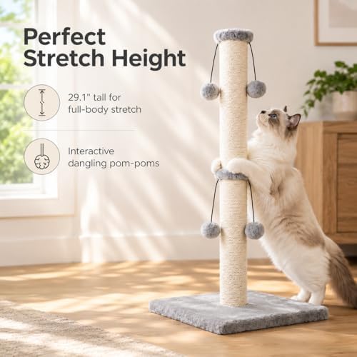 Dimaka 29'' Cat Scratching Post, Natural Sisal Rope Scratcher Post, Kitten Claw Scratch with 4 DanglingToy Balls for Large Cats (Grey) - Image 6