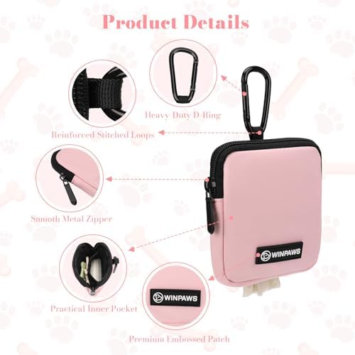 Dog Treat Pouch with Training Clicker,Waterproof Nylon Fabric Poop Bag Holders for Leashes,Hands Free Small Dog Walking Bag with Carabiner, Pet Puppy Training Walking Essentials (Pink) - Image 4