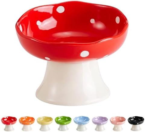 Red Mushroom Cat Bowl, Elevated Ceramic Bowl for Cats by Trundisan
