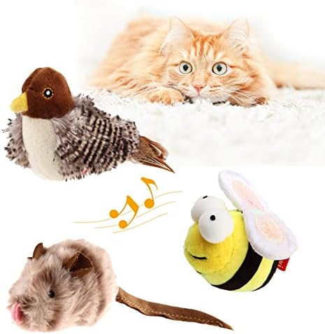 Gigwi Interactive Cat Set - Squeaky Feather Toys for Indoor Cats, 3PCS Plush Pack Including Mouse Hunt, Chase Bird, and Chirping Bee by gigwi