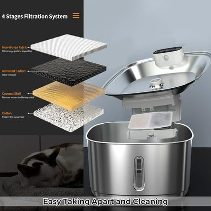 Cat Water Fountain Stainless Steel- 108oz/3.2L Pet Water Fountain Cordless with Motion Sensor, 4 Replacement Filters, Ultra-Quiet Auto Dog Water Dispenser Battery Powered (Stainless Steel-1) - Image 4