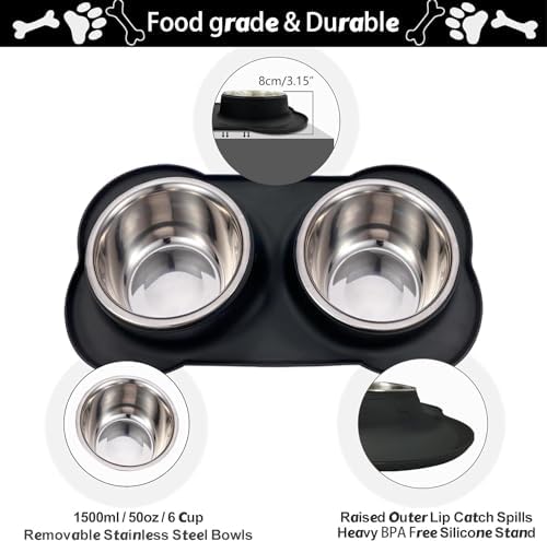 AsFrost Dog Food Bowls Stainless Steel Dog Bowls, Dog Food and Water Bowl Set with No Spill Non-Skid Silicone Mat, Dog Dishes for Small Medium Large Sized Dogs Pet Cat Food Bowls, 6 Cup, Black - Image 2
