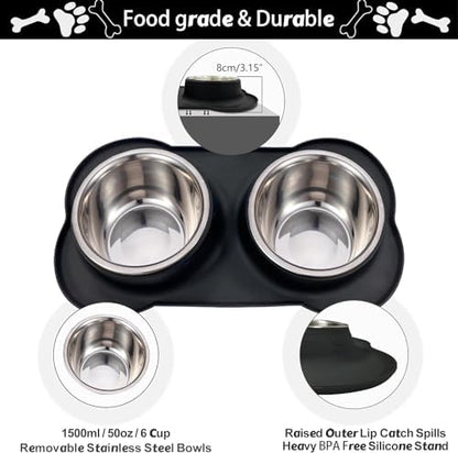 AsFrost Dog Food Bowls Stainless Steel Dog Bowls, Dog Food and Water Bowl Set with No Spill Non-Skid Silicone Mat, Dog Dishes for Small Medium Large Sized Dogs Pet Cat Food Bowls, 6 Cup, Black - Image 2