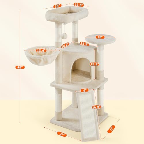 Yaheetech Cat Tree, 42in Play Tower for Indoor Cats, Kitten House with Large Perch & Scratching Posts & Cozy Condo & Scratching Ramp, Cat Furniture Activity Center, Beige - Image 3