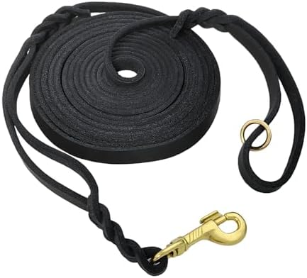 15ft Long Leather Dog Leash with Traffic Handle, Braided Leather Training Lead, Tieout for Yard, Double Handle Dog Leash for Small Medium Large Dogs Outdoor Hiking, Camping, Hunting Black by LWBMG