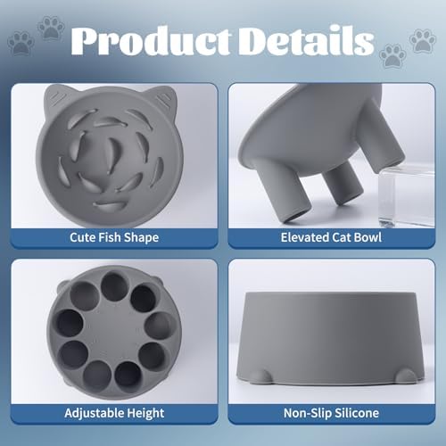 Cat Raised Bowls Silicone, 3 Modes to Adjust Height Elevated Cat Bowl to Protect Puppy,Kitten Spine and Anti Vomit Slow Feeder with 10° Tilted Detachable Dish for Pet Dry,Wet Food - Image 6