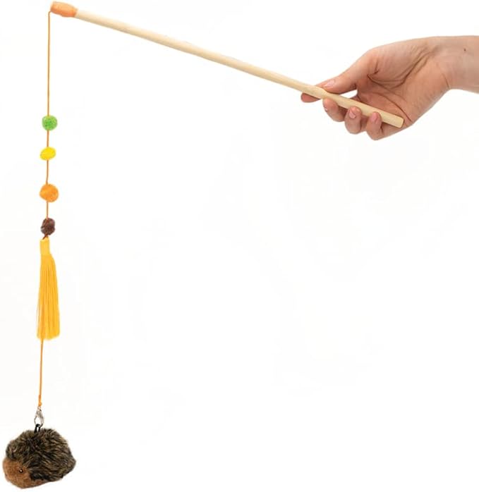 ZippyClaws Hedgehog ZippyStick - Interactive Cat Toy Wand for Indoor Cats & Kittens, Cute Kitty Toys for Boredom, Fun Teaser Stick with Feathered Tassles & Plush Dangling Toy
