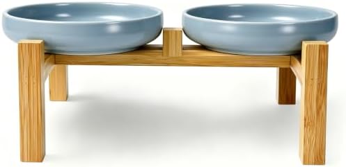Shallow Elevated Cat Bowls with Bamboo Stand, 6.1 Inch Wide Ceramic Cat Dish Whisker Friendly, 2 Pack Pet Food and Water Plates by Lfpkixise