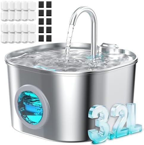 Stainless Steel Cat Water Fountain: 108oz/3.2L Pet Fountains for Drinking by HOOISE