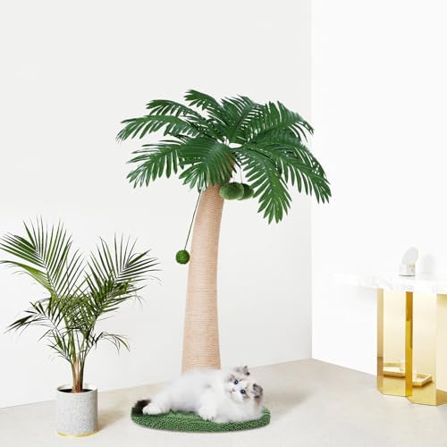 43.3inch Palm Tree Shape Style Sisal Cat Tree Scratching Post Cats, Wear Resistant Cat Claw Scratcher with Plush Stable Base & Hanging Toy Ball, Green - Image 6