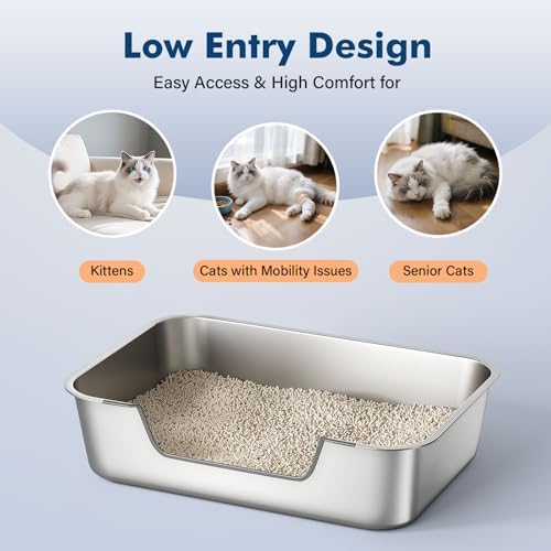 Qiuma Stainless Steel Cat Litter Box with Low Entry, Metal Kitty Litter Box for Senior or Injured Cats, Odor-Free, Non-Stick, Easy to Clean, 19.5"x13.6"x5.9", Litter Pan for Big and Small Cats - Image 2