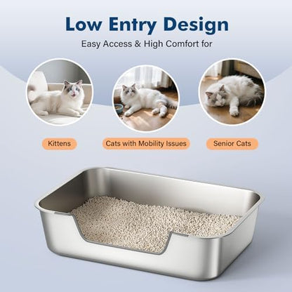 Qiuma Stainless Steel Cat Litter Box with Low Entry, Metal Kitty Litter Box for Senior or Injured Cats, Odor-Free, Non-Stick, Easy to Clean, 17.5"x13.6"x5.9", Litter Pan for Medium and Small Cats - Image 2