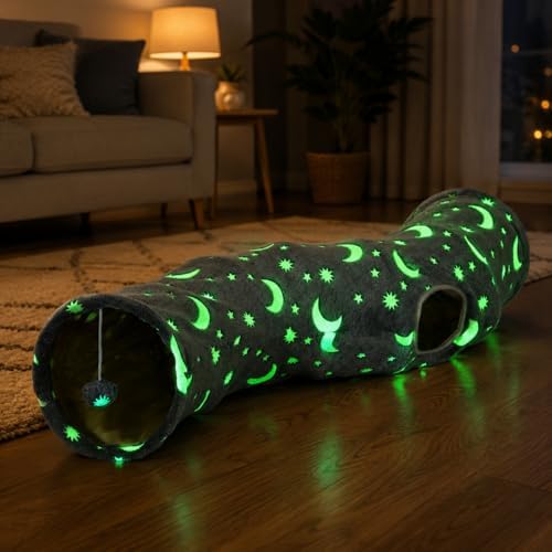 Cat Tunnel Tube with Plush Ball Toys Collapsible Self-Luminous Photoluminescence, for Small Pets Bunny Rabbits, Kittens, Ferrets,Puppy and Dogs Grey Moon Star (S-Shape) by MAKEPETLUCKY-WelcometoCatTunnelClub